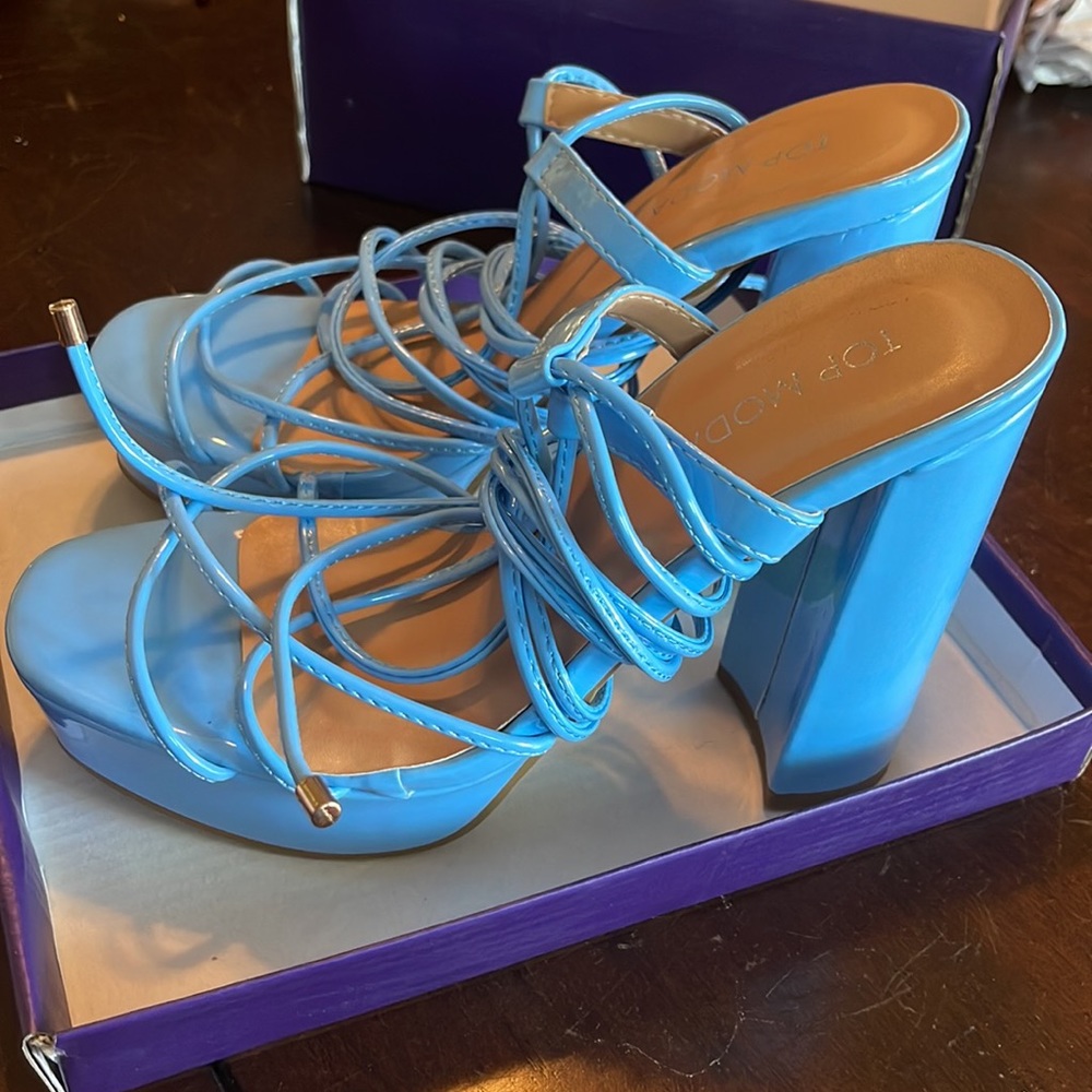 Blue strappy block heels